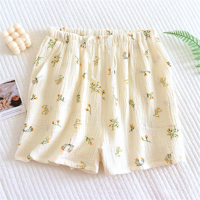 Καλοκαιρινό γυναικείο σορτς πιτζάμα Βαμβακερό κρεπ γάζα ύπνου παντελόνι ύπνου σορτς μασίφ στάμπα Λεπτό σαλόνι χαλαρό καθημερινό παντελόνι για το σπίτι