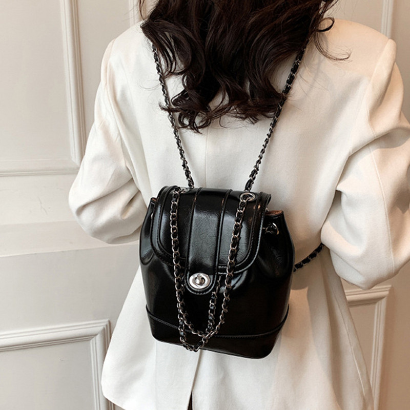 Naised Korea Pingutusnöörid Miniketid Naiste seljakott Õlivaha Nahast Õlakott Vabaaja reisikott must seljakott