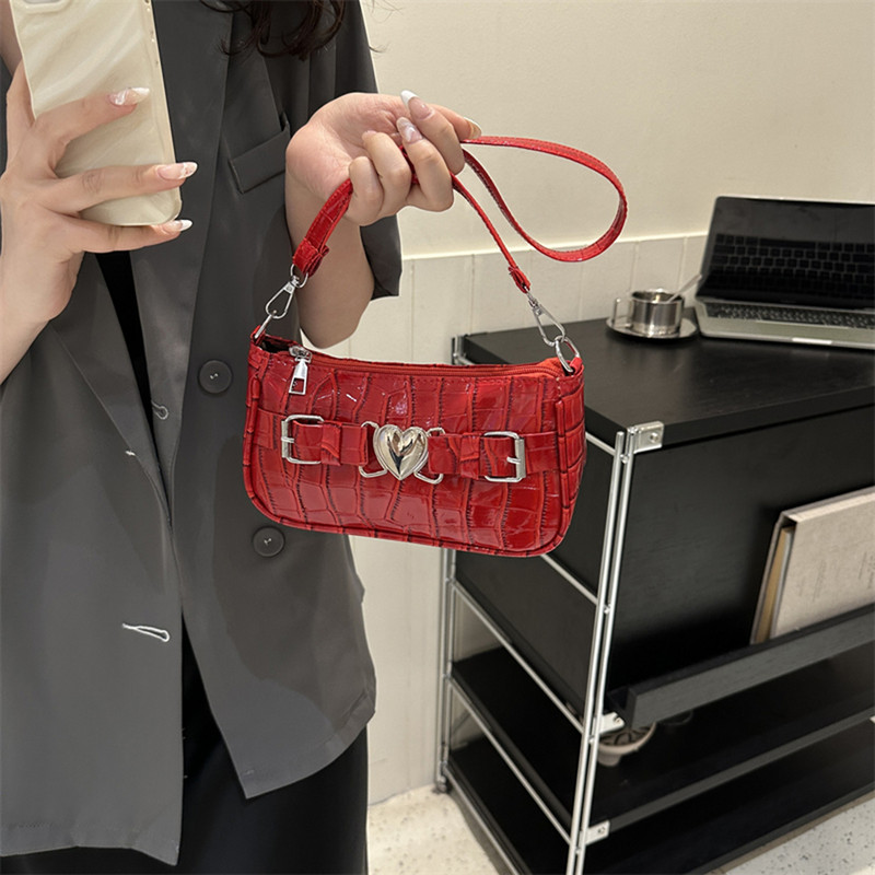 Γυναικείες δερμάτινες τσάντες με ροδακινί καρδιές Y2K για κορίτσια με μοτίβο αλιγάτορα Μασχάλες τσάντες καρφίτσας καρφίτσας μόδας για κορίτσια τσάντα ώμου