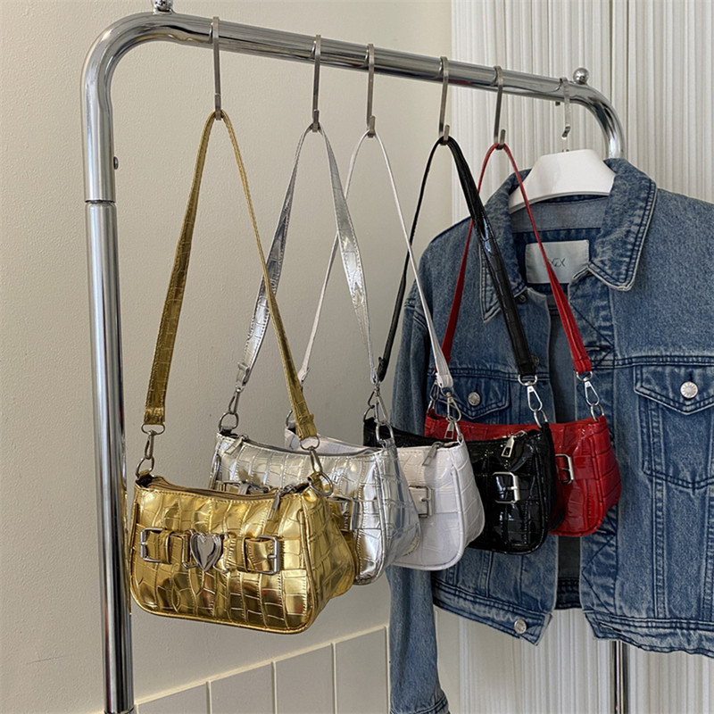 Γυναικείες δερμάτινες τσάντες με ροδακινί καρδιές Y2K για κορίτσια με μοτίβο αλιγάτορα Μασχάλες τσάντες καρφίτσας καρφίτσας μόδας για κορίτσια τσάντα ώμου