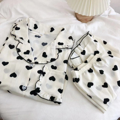 Suures suuruses pidžaama Mujer Cherry Print magamisriiete komplekt lühikeste varrukatega top + lühikesed püksid, volangidega koduriided Nahasõbralik, hingav