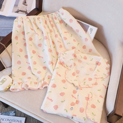 Suures suuruses pidžaama Mujer Cherry Print magamisriiete komplekt lühikeste varrukatega top + lühikesed püksid, volangidega koduriided Nahasõbralik, hingav