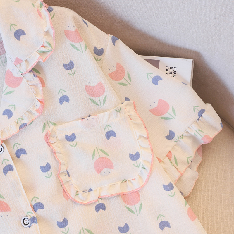 Suures suuruses pidžaama Mujer Cherry Print magamisriiete komplekt lühikeste varrukatega top + lühikesed püksid, volangidega koduriided Nahasõbralik, hingav