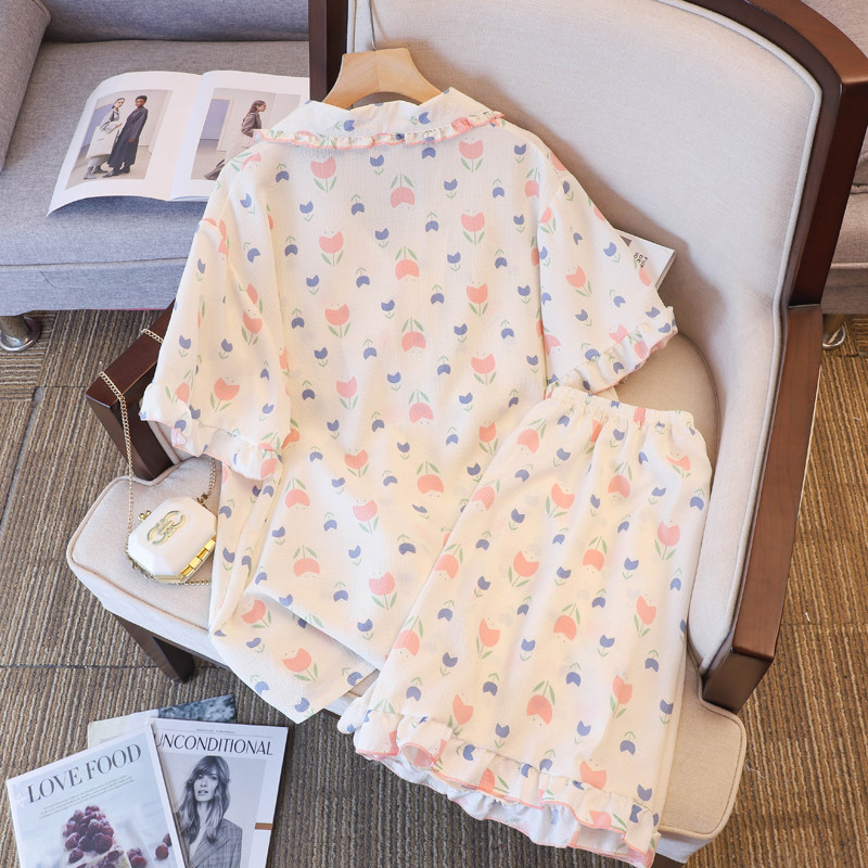 Suures suuruses pidžaama Mujer Cherry Print magamisriiete komplekt lühikeste varrukatega top + lühikesed püksid, volangidega koduriided Nahasõbralik, hingav