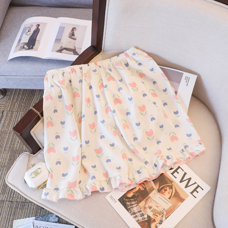 Suures suuruses pidžaama Mujer Cherry Print magamisriiete komplekt lühikeste varrukatega top + lühikesed püksid, volangidega koduriided Nahasõbralik, hingav