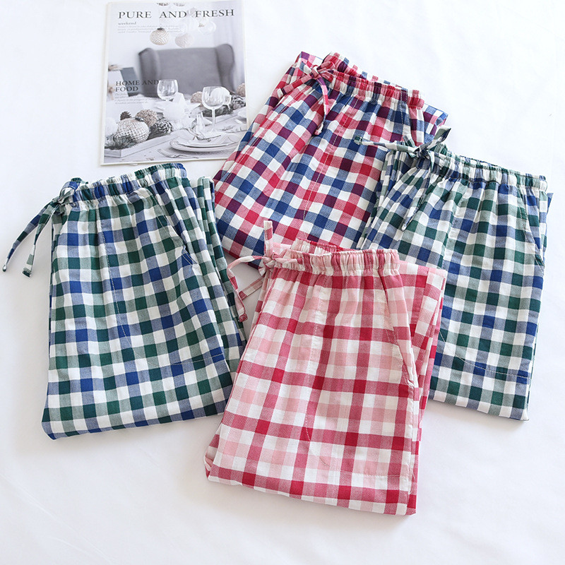 Fdfklak vară subțire 100% tifon bumbac pijamale de damă acasă pantaloni casual Pantaloni de dormit cuplu moda carouri pantaloni de lounge