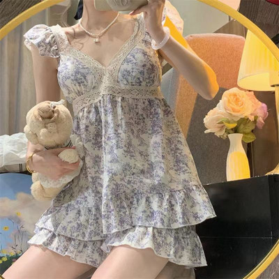 Floral Σετ Πυτζάμες Γυναικείες δαντέλες Γλυκό ιπτάμενο μανίκι Princess Homewear Καθημερινή Καλοκαιρινή Μόδα College Chic Temperament Κορεάτικο στυλ