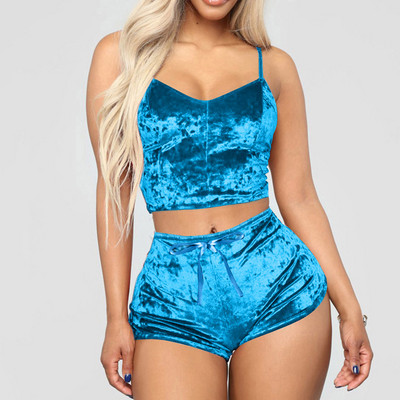 Set de 2 bucăți pentru femei, lenjerie de dormit din catifea, pantaloni scurți cu bretele spaghete, costum de pijama pentru femei, set casual de petrecere, pulover, talie elastică, plină