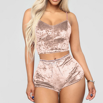 Set de 2 bucăți pentru femei, lenjerie de dormit din catifea, pantaloni scurți cu bretele spaghete, costum de pijama pentru femei, set casual de petrecere, pulover, talie elastică, plină