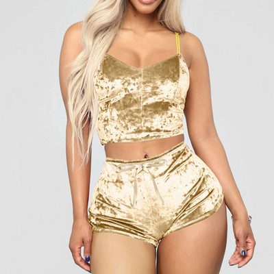 Set de 2 bucăți pentru femei, lenjerie de dormit din catifea, pantaloni scurți cu bretele spaghete, costum de pijama pentru femei, set casual de petrecere, pulover, talie elastică, plină