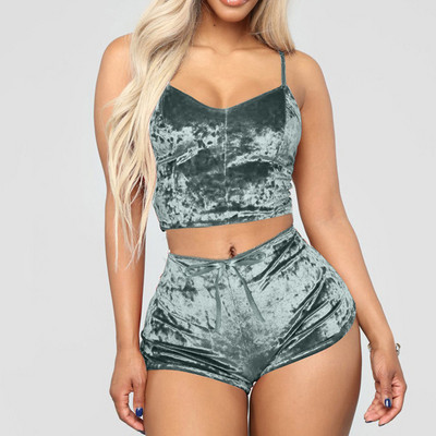 Set de 2 bucăți pentru femei, lenjerie de dormit din catifea, pantaloni scurți cu bretele spaghete, costum de pijama pentru femei, set casual de petrecere, pulover, talie elastică, plină