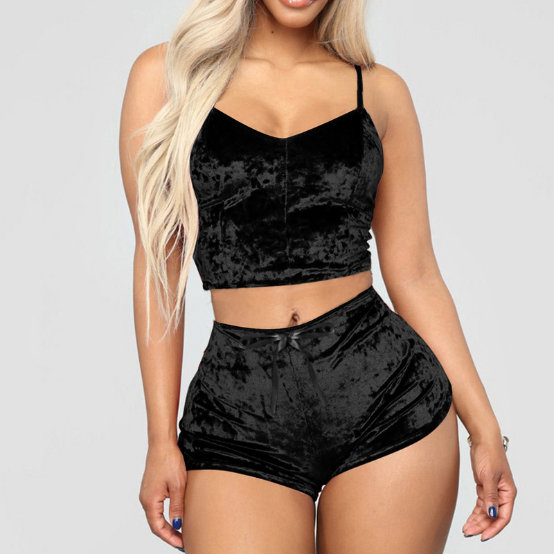 Set de 2 bucăți pentru femei, lenjerie de dormit din catifea, pantaloni scurți cu bretele spaghete, costum de pijama pentru femei, set casual de petrecere, pulover, talie elastică, plină