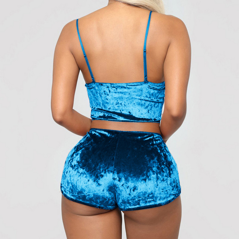 Set de 2 bucăți pentru femei, lenjerie de dormit din catifea, pantaloni scurți cu bretele spaghete, costum de pijama pentru femei, set casual de petrecere, pulover, talie elastică, plină