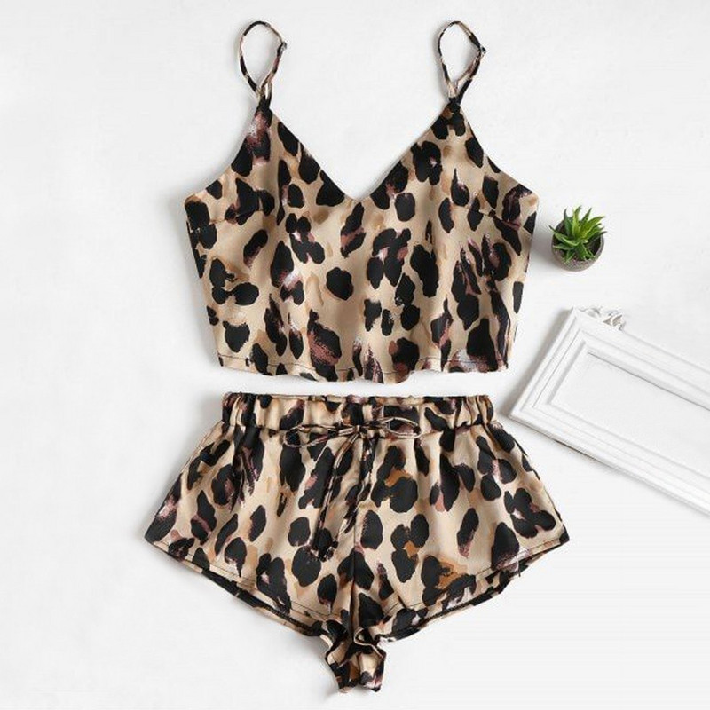 MIARHB Pijamale sexy pentru femei Lenjerie de noapte Pijamale cu imprimeu leopard Seturi de lenjerie de dormit pentru femeie, fără mâneci, fără bretele, pantaloni, haine de lounge