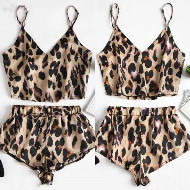 MIARHB Pijamale sexy pentru femei Lenjerie de noapte Pijamale cu imprimeu leopard Seturi de lenjerie de dormit pentru femeie, fără mâneci, fără bretele, pantaloni, haine de lounge