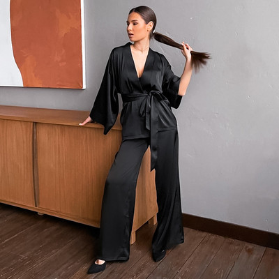 HECHAN Solid naiste hommikumantlid koos vööga 2-osaline komplekt Randme magamiskotid Satiinpüksid lahtised pidžaamad vabaaja magamisriided Naiste koduülikonnad