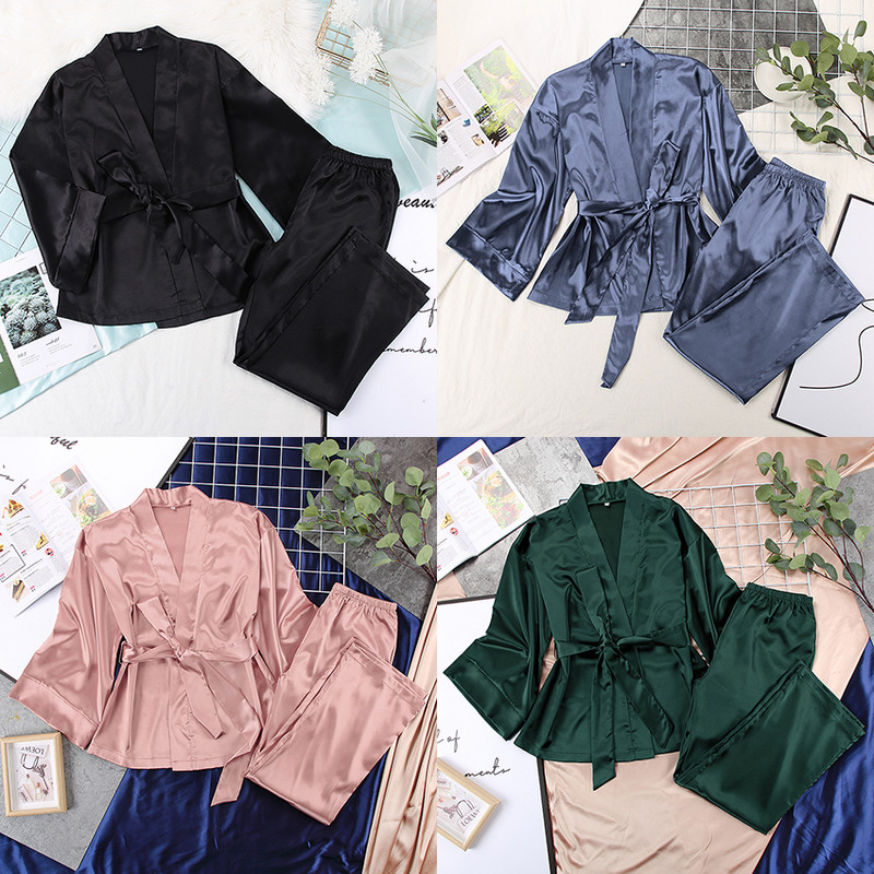 HECHAN Solid naiste hommikumantlid koos vööga 2-osaline komplekt Randme magamiskotid Satiinpüksid lahtised pidžaamad vabaaja magamisriided Naiste koduülikonnad