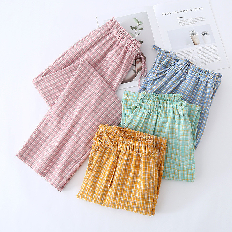 Vékony, alkalmi mosott pamut nadrágok kockás nadrágok női alsók új tavaszi nyári pizsama ruhák alváshoz
