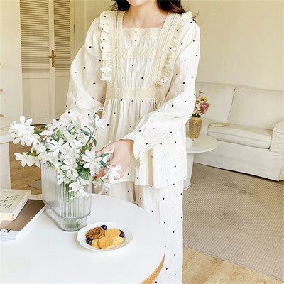 Δαντελένιο Σετ Πυτζάμες - Πυτζάμες 2 τεμαχίων Sweet Dot Print με Ολόσωμο T-shirt και μακρύ παντελόνι Cozy Princess Comfort Soft Homewear