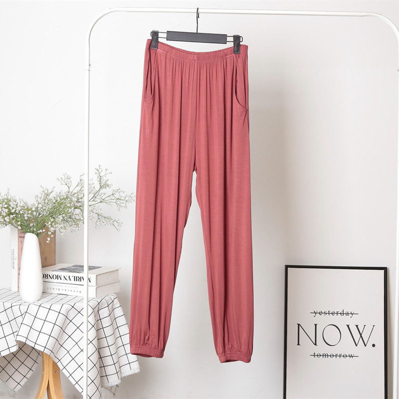 Fdfklak Jarné bavlnené dámske nohavice na spanie, voľné 3XL-7XL, plus veľkosť, nočné nohavice na spanie, vínovo červené pyžamové nohavice