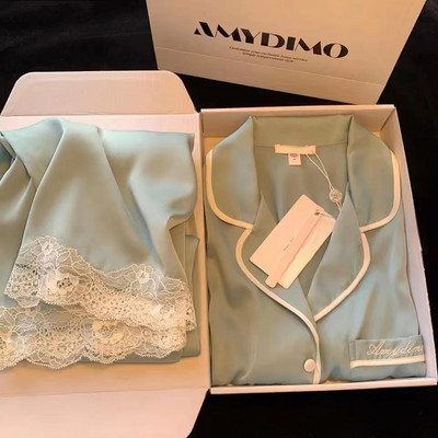 Γυναικεία Σετ Πυτζάμες Μεταξωτές Σατέν Γυναικεία Σαλόνια Ύπνου Δύο τεμάχια Κοριτσίστικα Σαλόνια Δαντέλα Γλυκό σπιτικό κοστούμι Άνοιξη φθινόπωρο σπίτι