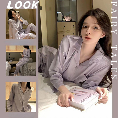 Γυναικεία Σετ Πυτζάμες Μεταξωτές Σατέν Γυναικεία Σαλόνια Ύπνου Δύο τεμάχια Κοριτσίστικα Σαλόνια Δαντέλα Γλυκό σπιτικό κοστούμι Άνοιξη φθινόπωρο σπίτι