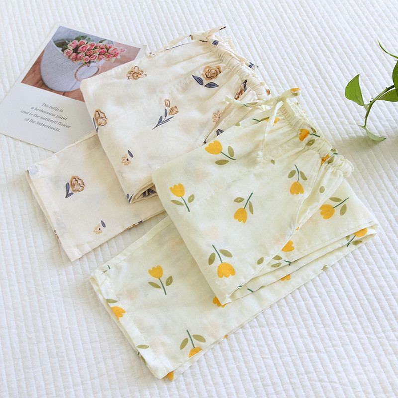 Παντελόνι από βαμβακερό γάζα διπλής στρώσης Μαλακό παντελόνι πιτζάμα για γυναίκες Lounge Φορέστε κορεάτικα γυναικεία ρούχα Φθινοπωρινό παντελόνι ύπνου