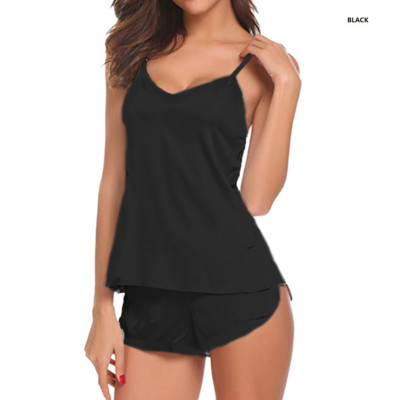 Lenjerie de noapte sexy pentru femei Set de pijama din satin cu decolteu în V Lenjerie de noapte mătăsoasă Pijama fără mâneci Camoză + pantaloni scurți Cămașă de noapte Îmbrăcăminte de acasă pentru femei