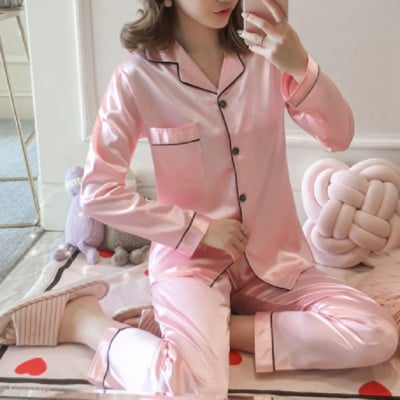 Satiinist siidist pidžaamakomplekt naiste pidžaamaülikonna trükkimiseks pikkade varrukatega vabaaja magamisriided Öörõivad Pehmed koduriided Pjs Plus Size