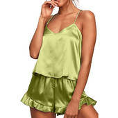 Καλοκαιρινά νυχτικά δύο τεμάχια γυναικεία σετ πιτζάμες μονόχρωμα μονόχρωμα αμάνικα καμιζόλα με λαιμόκοψη με βολάν + σορτς πυτζάμες με βολάν