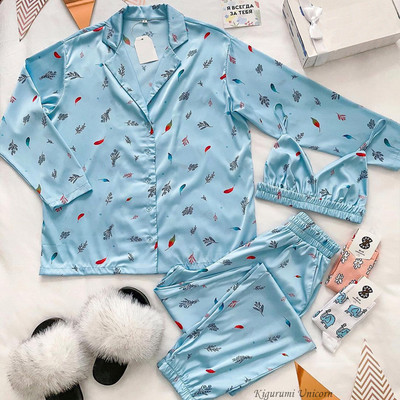 Φαρδιά γυναικεία νυχτικά πράσινη μακρυμάνικη πιτζάμες Γυναικεία σουτιέν Casual παντελόνια 2023 Ανοιξιάτικα Sleepwear 3 τεμάχια σετ Pijamas XXL