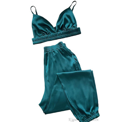 Φαρδιά γυναικεία νυχτικά πράσινη μακρυμάνικη πιτζάμες Γυναικεία σουτιέν Casual παντελόνια 2023 Ανοιξιάτικα Sleepwear 3 τεμάχια σετ Pijamas XXL