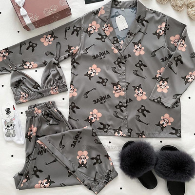 Φαρδιά γυναικεία νυχτικά πράσινη μακρυμάνικη πιτζάμες Γυναικεία σουτιέν Casual παντελόνια 2023 Ανοιξιάτικα Sleepwear 3 τεμάχια σετ Pijamas XXL