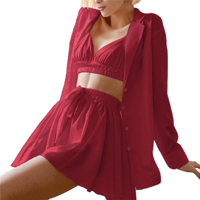 Φαρδιά γυναικεία νυχτικά πράσινη μακρυμάνικη πιτζάμες Γυναικεία σουτιέν Casual παντελόνια 2023 Ανοιξιάτικα Sleepwear 3 τεμάχια σετ Pijamas XXL