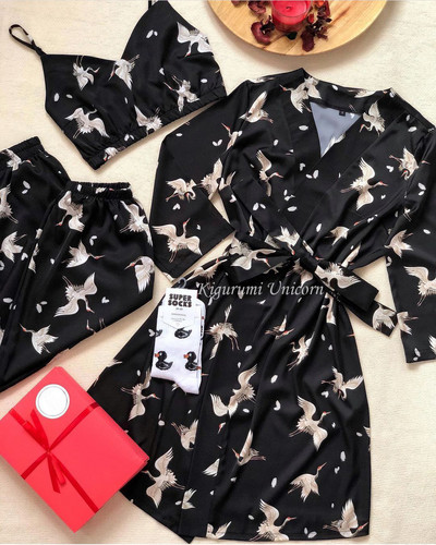 Φαρδιά γυναικεία νυχτικά πράσινη μακρυμάνικη πιτζάμες Γυναικεία σουτιέν Casual παντελόνια 2023 Ανοιξιάτικα Sleepwear 3 τεμάχια σετ Pijamas XXL