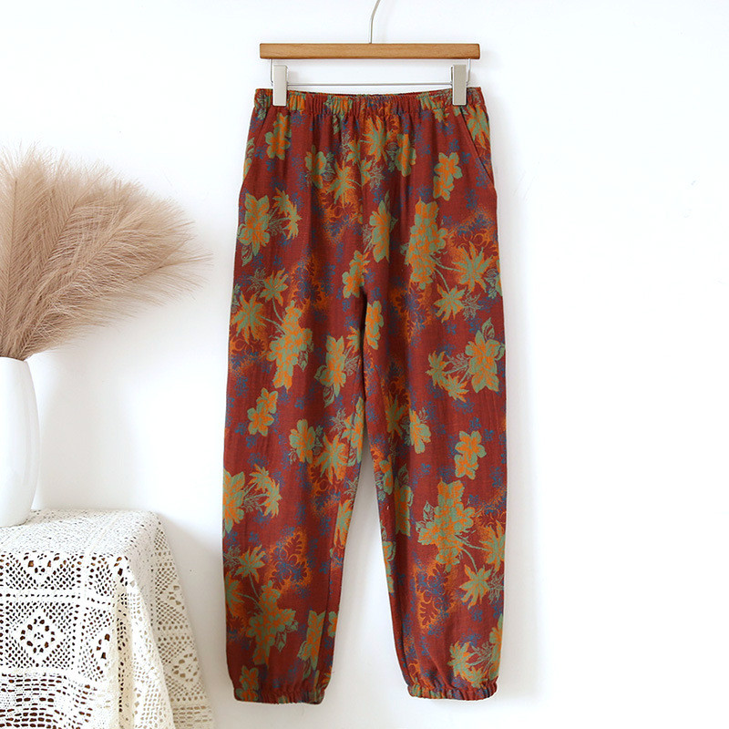 Pantaloni subțiri de ținută de lounge, imprimare, pentru femei, pentru partea de jos, din tifon, din bumbac, îmbrăcăminte de casă, pijama de modă, pantaloni lungi 2023, primăvară vară