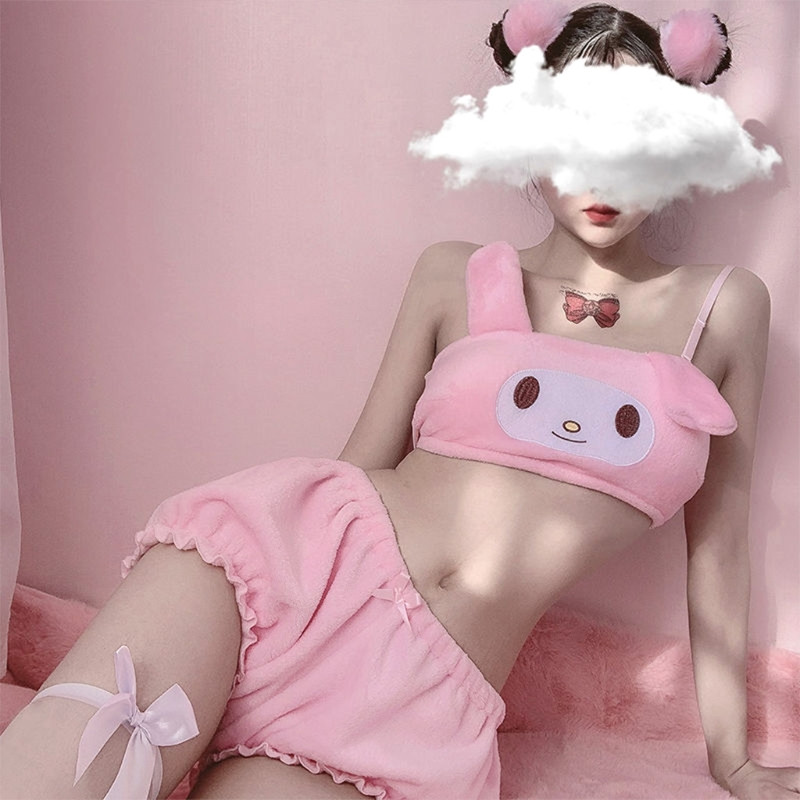 Γυναικεία Kawaii Anime βελούδινα πιτζάμες Sweet Bunny Ears Velvet Tube Top Bra Bloomers Sleepwear Cosplay εσώρουχα