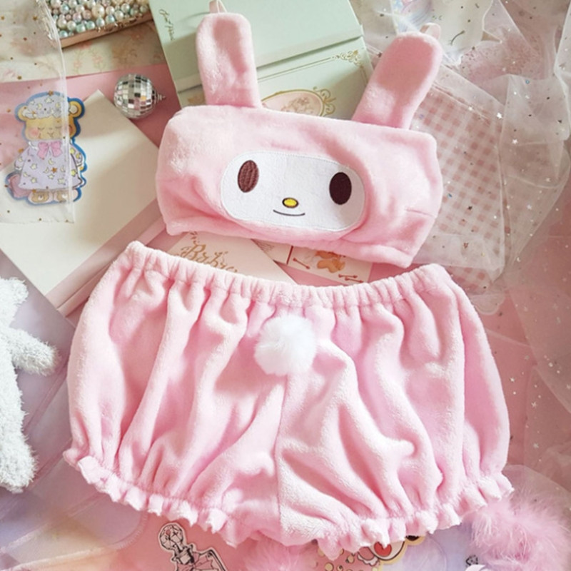 Γυναικεία Kawaii Anime βελούδινα πιτζάμες Sweet Bunny Ears Velvet Tube Top Bra Bloomers Sleepwear Cosplay εσώρουχα