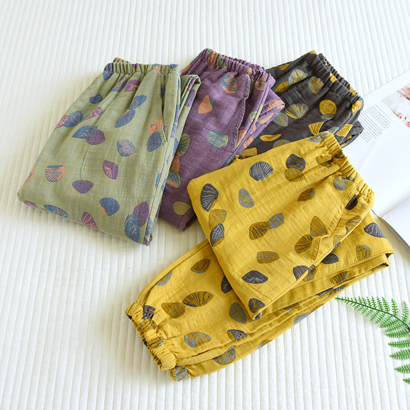 Долнища на панталони с пижама с флорален принт Газови памучни панталони за жени Спално облекло Пролет Есен Еластична талия Дълги панталони Пижами