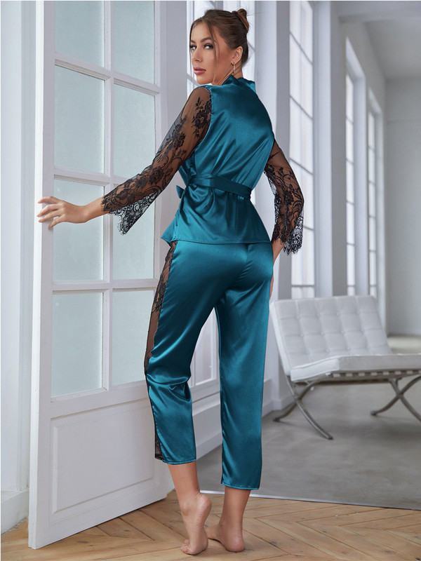 Set pijamale de damă din satin Top cu mâneci superbe cu pantaloni din dantelă în contrast Îmbrăcăminte de lounge scobit 2 buc.