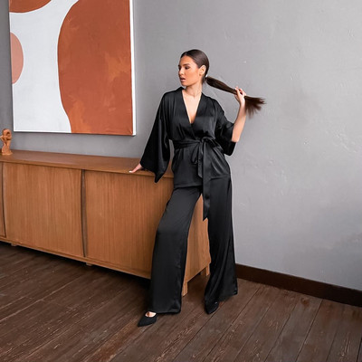 Kimono stil 2023 Ženska odgovarajuća pidžama s remenom Saten 2-dijelno odijelo Meka široka pidžama Odjeća za spavanje Ženska kućna odjeća