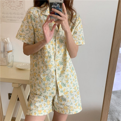 Σετ πιτζάμες με γυριστό γιακά με κοντό μανίκι Γυναικεία καλοκαιρινά φλοράλ εμπριμέ Λεπτά Kawaii Μοντέρνα γυναικεία πιτζάμες 2 τμχ Κομψές πιτζάμες κιμονό