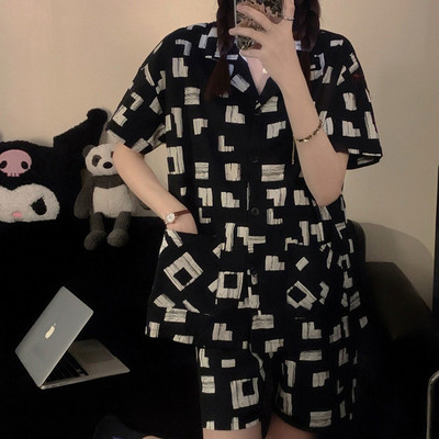 Σετ πιτζάμες με γυριστό γιακά με κοντό μανίκι Γυναικεία καλοκαιρινά φλοράλ εμπριμέ Λεπτά Kawaii Μοντέρνα γυναικεία πιτζάμες 2 τμχ Κομψές πιτζάμες κιμονό