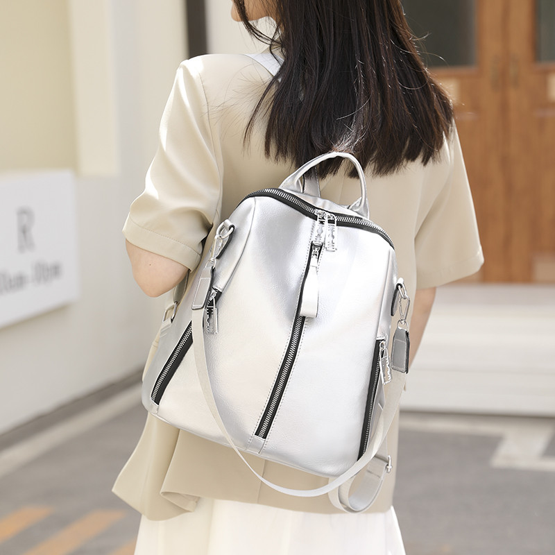 Luksuzni dizajnerski ženski ruksaci s više patentnih zatvarača Ženska školska torba Srebrna visokokvalitetna mekana koža Ruksaci za djevojčice na jedno rame