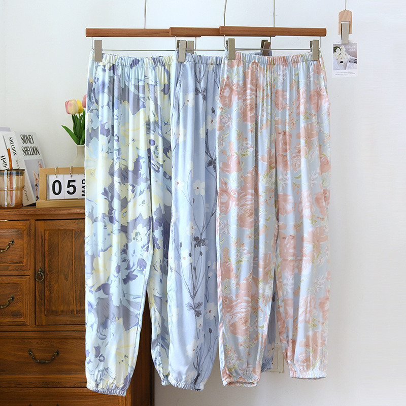 Ljetna pidžama hlače Lounge Wear Široke donje hlače za spavanje s cvjetnim uzorkom Ženske viskozne tanke, mekane, udobne noćne hlače