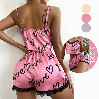 Секси комплект пижами с цветя Дамски комплект пижами от 2 части Пижами от копринен сатен Топ и къси панталони Пижами Летен комплект пижами за жени