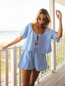 Hiloc μπλε καρό καλοκαιρινό γυναικείο κοστούμι κοντό μανίκι για το σπίτι Γυναικείο σετ Σέξι γυναικεία εσώρουχα με στρογγυλή λαιμόκοψη 2023 Νέο