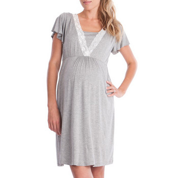 Многофункционална пижама за бременни с къс ръкав Едноцветна модна рокля за майка Дантелена нощница за бременни