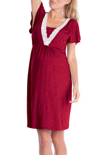 Многофункционална пижама за бременни с къс ръкав Едноцветна модна рокля за майка Дантелена нощница за бременни