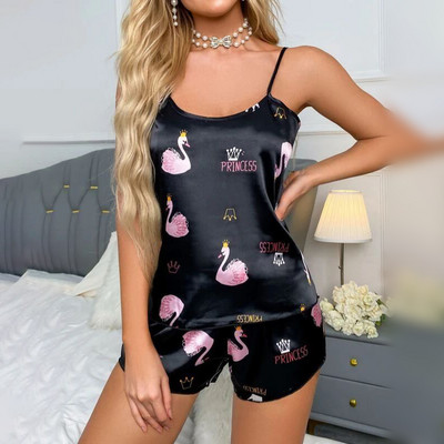 Naiste koduriided Seksikad pidžaamakomplektid Multifilmi mustriga pidžaamarihm Varrukateta Cami komplekt Magamisriided Naiste suvepidžaama ööpesu